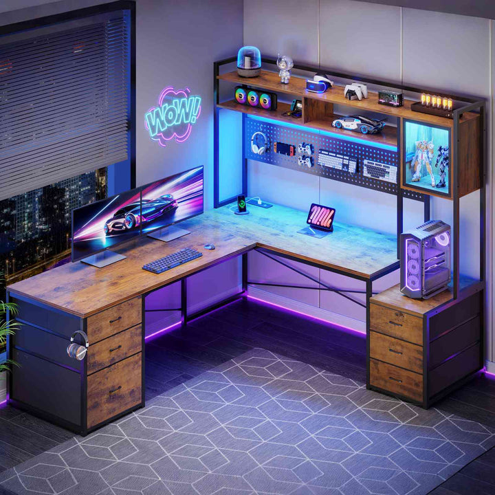 SEDETA | 67 Inch Reversible L Shaped Gaming Desk with Led Lights Power Outlet Computer Corner Desk with Drawers Storage Shelves