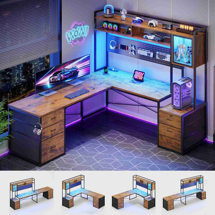 SEDETA | 67 Inch Reversible L Shaped Gaming Desk with Led Lights Power Outlet Computer Corner Desk with Drawers Storage Shelves