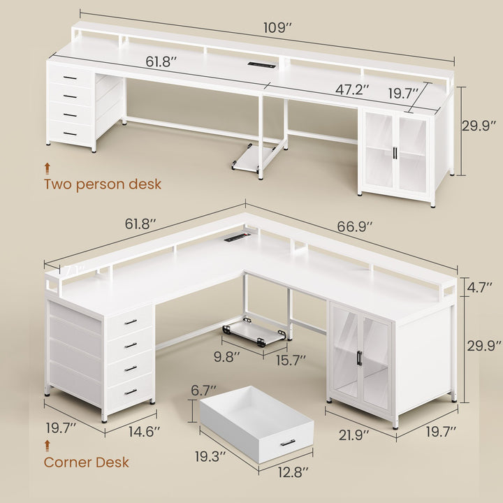 SEDETA 109 Inch L Shaped Gaming Desk with 4 Drawers Display Cabinet Computer Desks with 2 Monitor Stands CPU Stand LED Lights and Power Outlet