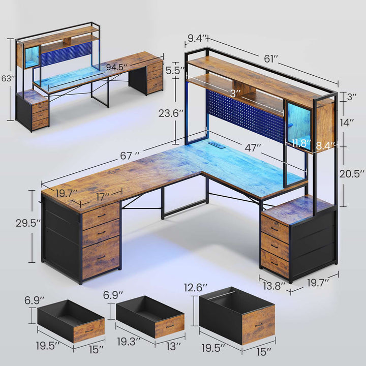 SEDETA | 67 Inch Reversible L Shaped Gaming Desk with Led Lights Power Outlet Computer Corner Desk with Drawers Storage Shelves