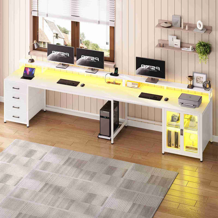 SEDETA 109 Inch L Shaped Gaming Desk with 4 Drawers Display Cabinet Computer Desks with 2 Monitor Stands CPU Stand LED Lights and Power Outlet