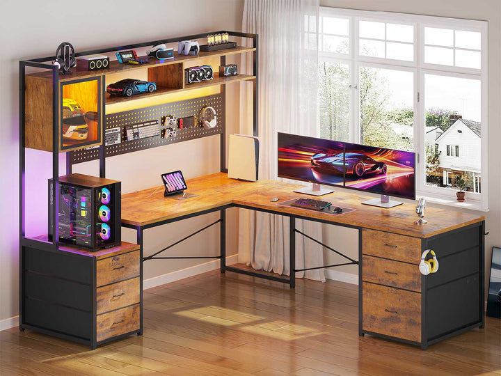 SEDETA | 67 Inch Reversible L Shaped Gaming Desk with Led Lights Power Outlet Computer Corner Desk with Drawers Storage Shelves