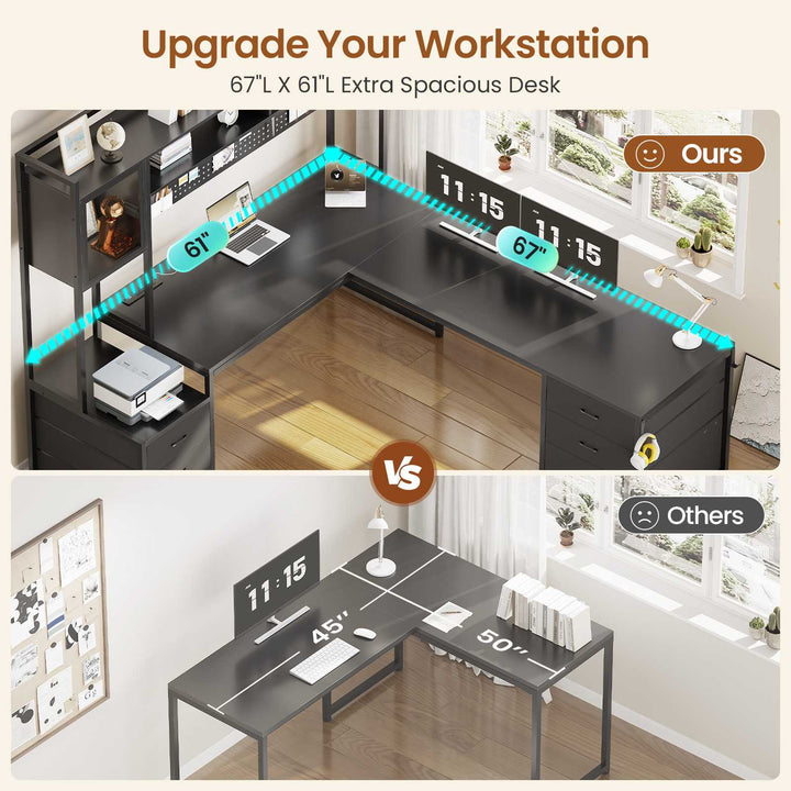 SEDETA | 67 Inch Reversible L Shaped Gaming Desk with Led Lights Power Outlet Computer Corner Desk with Drawers Storage Shelves