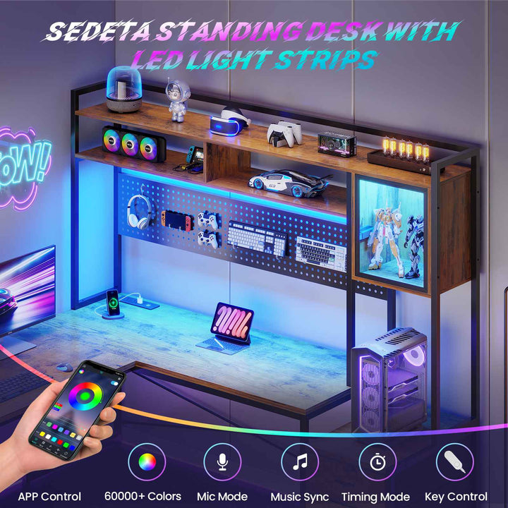 SEDETA | 67 Inch Reversible L Shaped Gaming Desk with Led Lights Power Outlet Computer Corner Desk with Drawers Storage Shelves