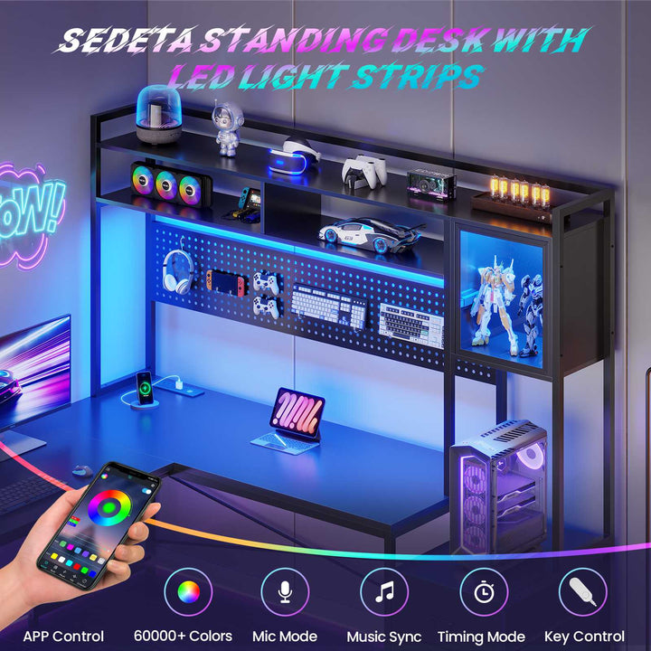 SEDETA | 67 Inch Reversible L Shaped Gaming Desk with Led Lights Power Outlet Computer Corner Desk with Drawers Storage Shelves