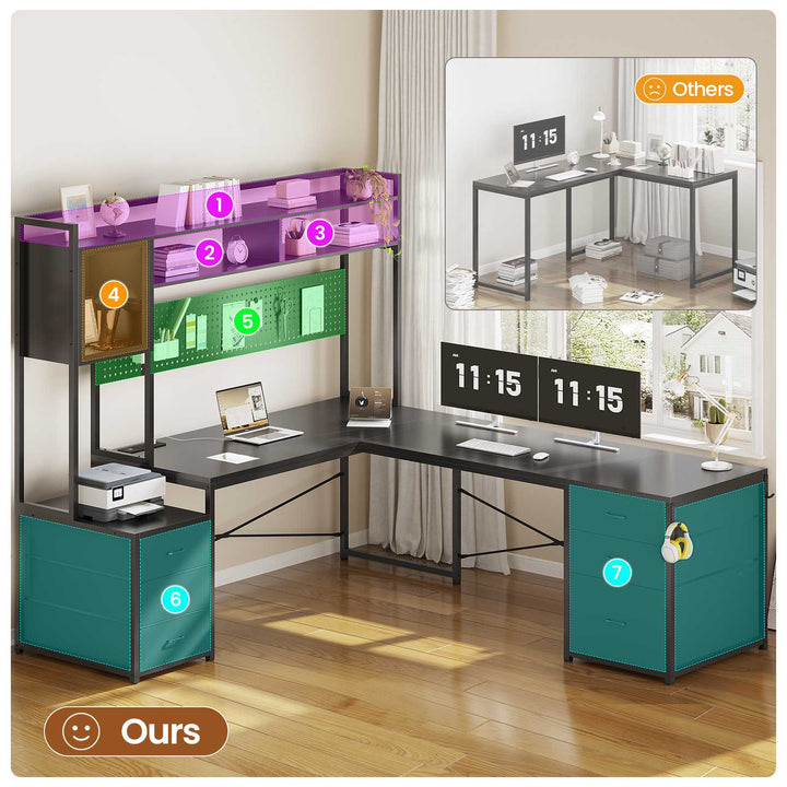 SEDETA | 67 Inch Reversible L Shaped Gaming Desk with Led Lights Power Outlet Computer Corner Desk with Drawers Storage Shelves