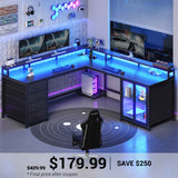 SEDETA | 109 Inch L Shaped Gaming Desk with LED Lights Power Outlet Office Computer Desks with 4 Drawers Display Cabinet