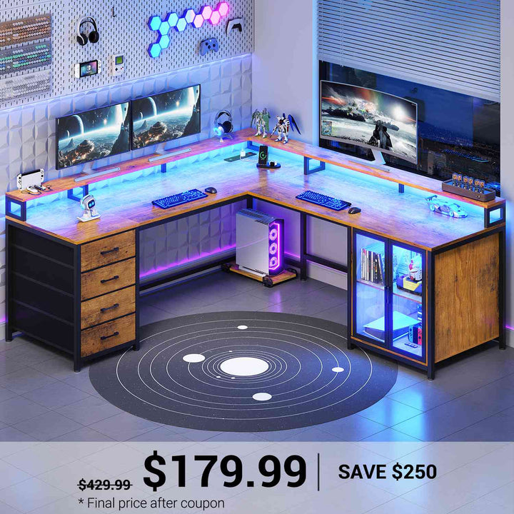 SEDETA | 109 Inch L Shaped Gaming Desk with LED Lights Power Outlet Office Computer Desks with 4 Drawers Display Cabinet