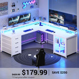 SEDETA | 109 Inch L Shaped Gaming Desk with LED Lights Power Outlet Office Computer Desks with 4 Drawers Display Cabinet