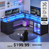 SEDETA 109 Inch L Shaped Gaming Desk with 4 Drawers Display Cabinet Computer Desks with 2 Monitor Stands CPU Stand LED Lights and Power Outlet