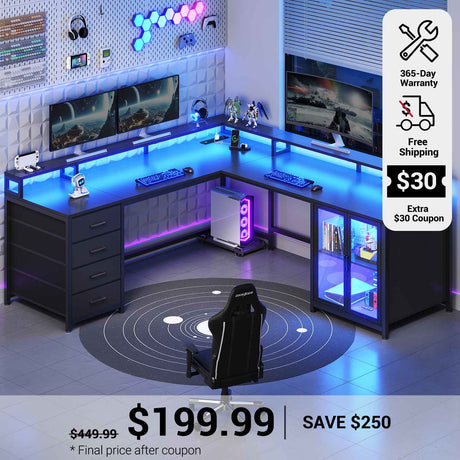 SEDETA 109 Inch L Shaped Gaming Desk with 4 Drawers Display Cabinet Computer Desks with 2 Monitor Stands CPU Stand LED Lights and Power Outlet