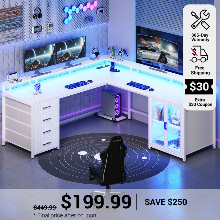 SEDETA 109 Inch L Shaped Gaming Desk with 4 Drawers Display Cabinet Computer Desks with 2 Monitor Stands CPU Stand LED Lights and Power Outlet