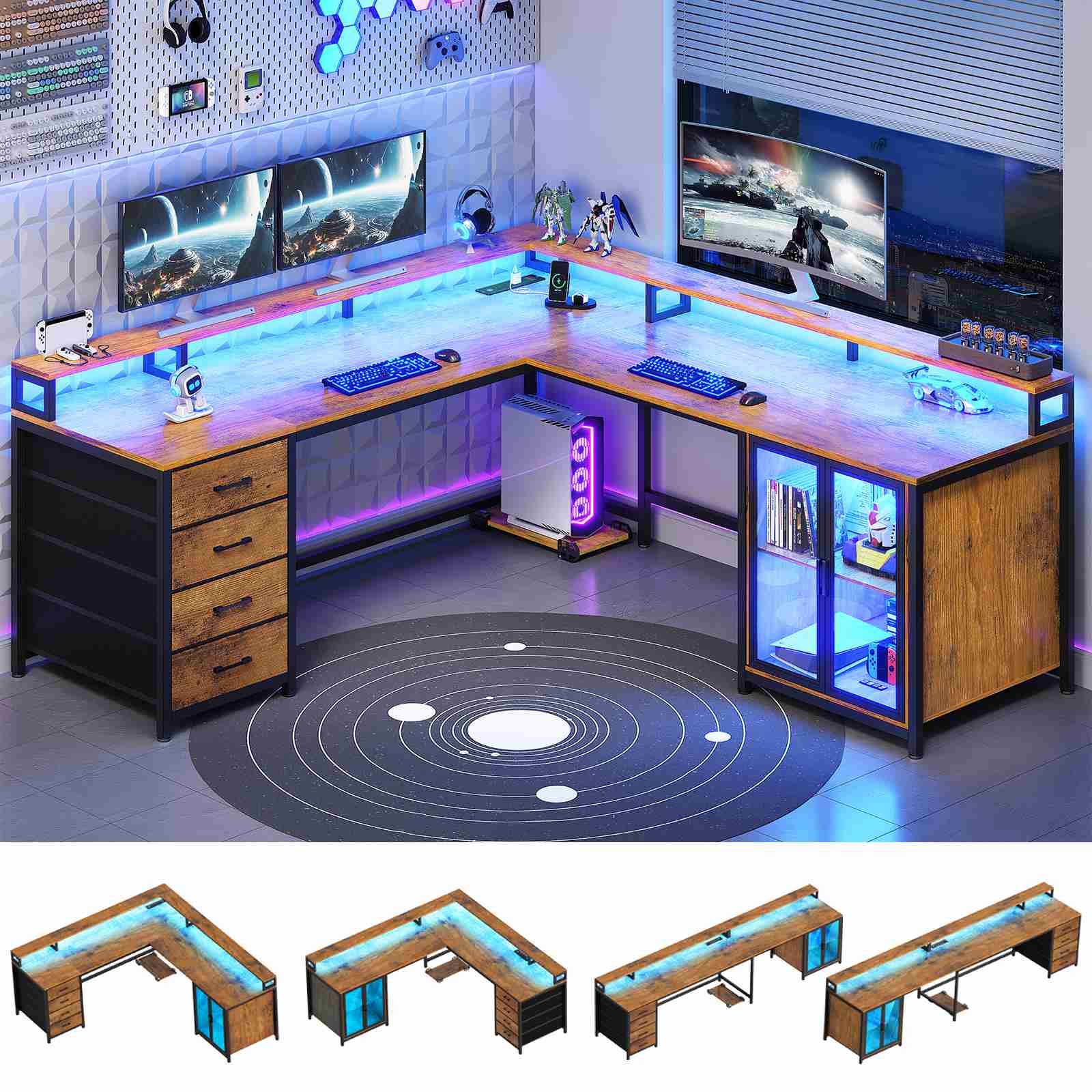 SEDETA | 109 Inch L Shaped Gaming Desk with LED Lights Power Outlet Of