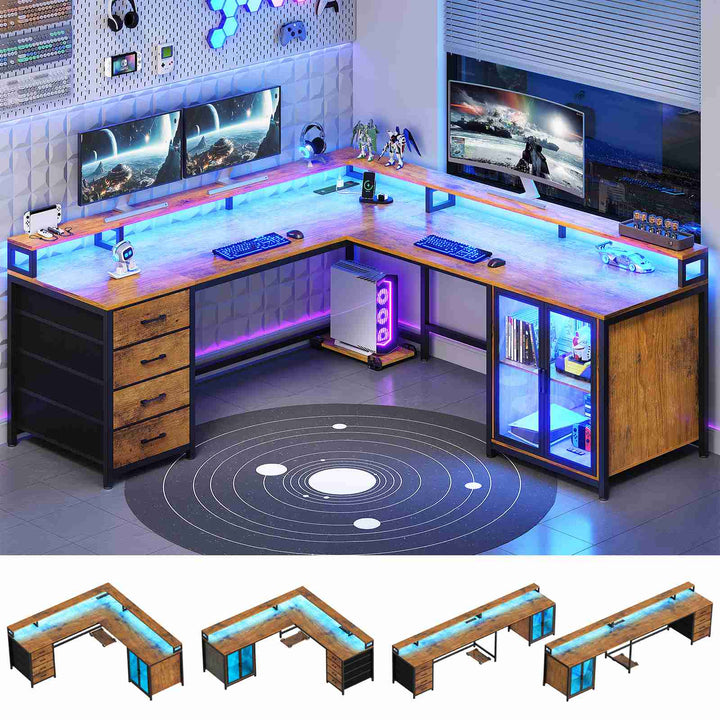 SEDETA 109 Inch L Shaped Gaming Desk with 4 Drawers Display Cabinet Computer Desks with 2 Monitor Stands CPU Stand LED Lights and Power Outlet