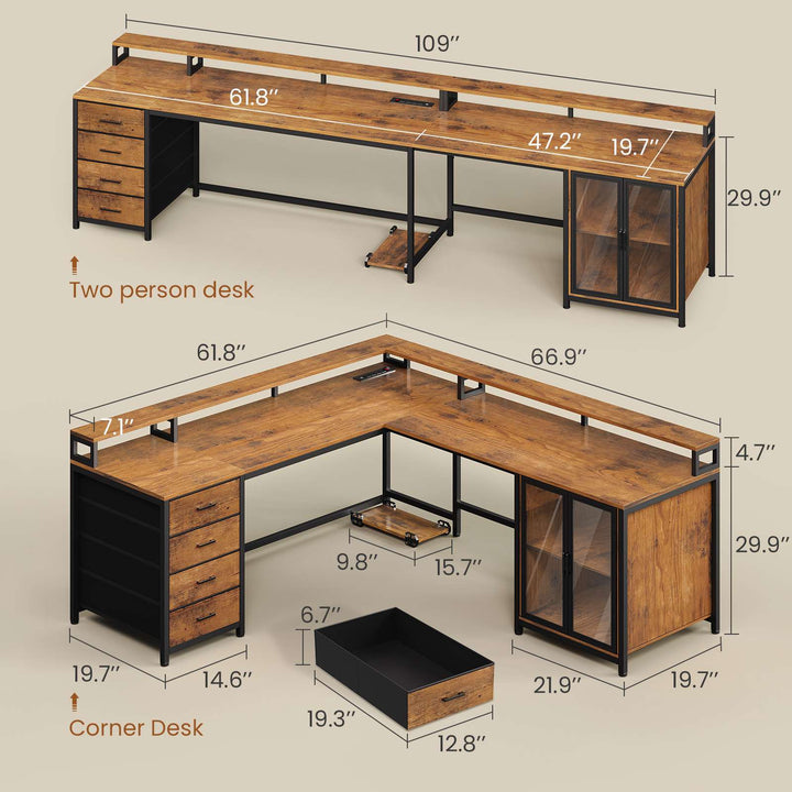 SEDETA 109 Inch L Shaped Gaming Desk with 4 Drawers Display Cabinet Computer Desks with 2 Monitor Stands CPU Stand LED Lights and Power Outlet