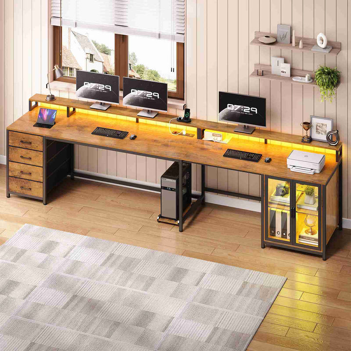 SEDETA 109 Inch L Shaped Gaming Desk with 4 Drawers Display Cabinet Computer Desks with 2 Monitor Stands CPU Stand LED Lights and Power Outlet