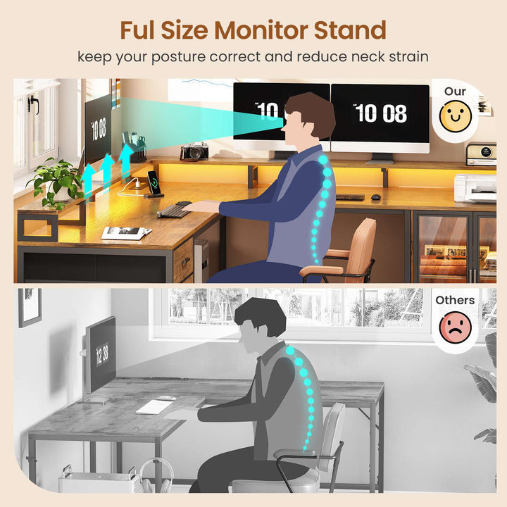 SEDETA 109 Inch L Shaped Gaming Desk with 4 Drawers Display Cabinet Computer Desks with 2 Monitor Stands CPU Stand LED Lights and Power Outlet