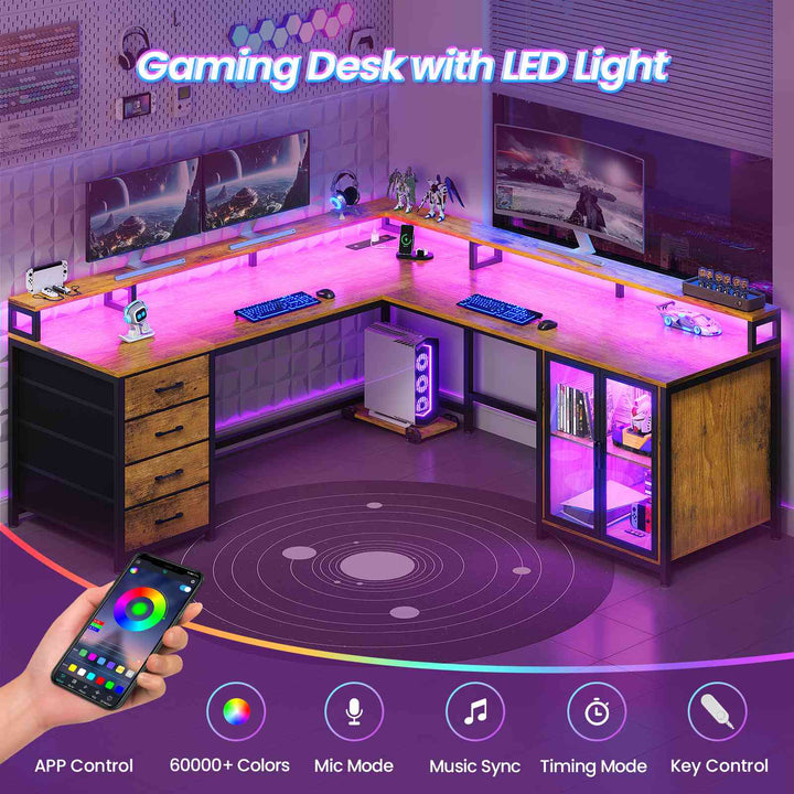 SEDETA 109 Inch L Shaped Gaming Desk with 4 Drawers Display Cabinet Computer Desks with 2 Monitor Stands CPU Stand LED Lights and Power Outlet
