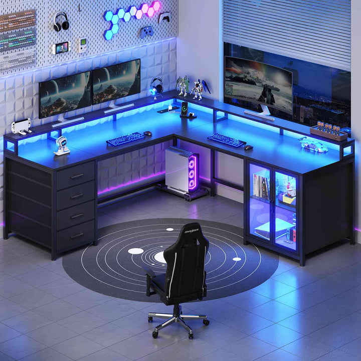SEDETA 109 Inch L Shaped Gaming Desk with 4 Drawers Display Cabinet Computer Desks with 2 Monitor Stands CPU Stand LED Lights and Power Outlet