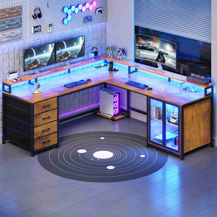 SEDETA 109 Inch L Shaped Gaming Desk with 4 Drawers Display Cabinet Computer Desks with 2 Monitor Stands CPU Stand LED Lights and Power Outlet