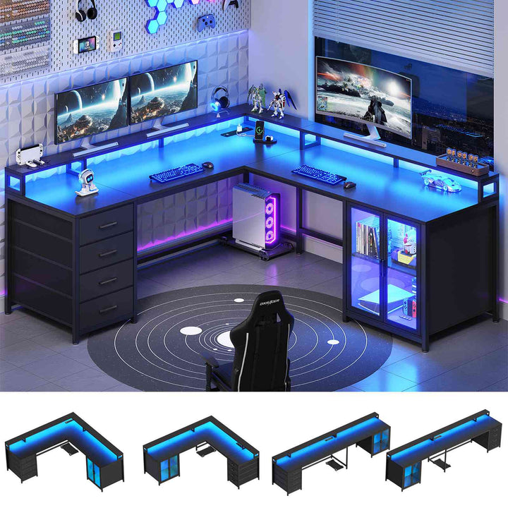 SEDETA 109 Inch L Shaped Gaming Desk with 4 Drawers Display Cabinet Computer Desks with 2 Monitor Stands CPU Stand LED Lights and Power Outlet