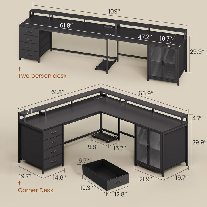 SEDETA 109 Inch L Shaped Gaming Desk with 4 Drawers Display Cabinet Computer Desks with 2 Monitor Stands CPU Stand LED Lights and Power Outlet