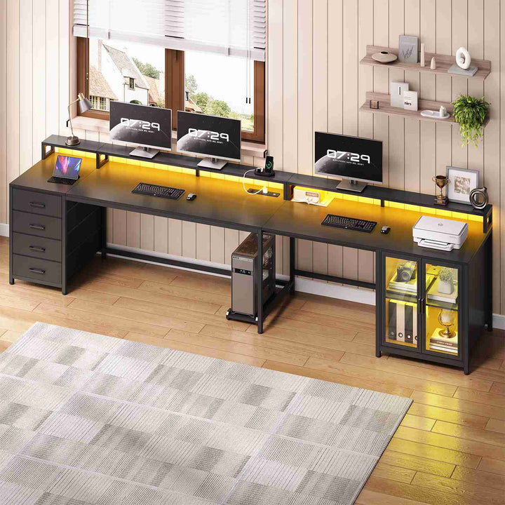 SEDETA 109 Inch L Shaped Gaming Desk with 4 Drawers Display Cabinet Computer Desks with 2 Monitor Stands CPU Stand LED Lights and Power Outlet
