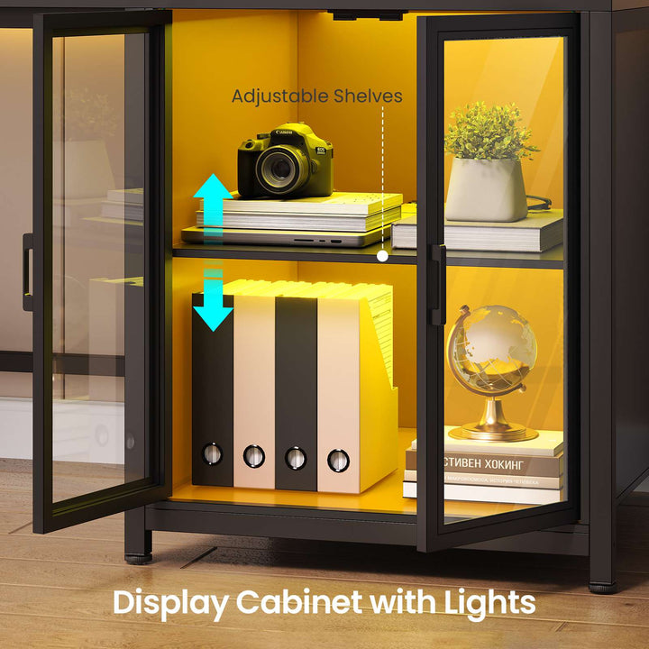 SEDETA 109 Inch L Shaped Gaming Desk with 4 Drawers Display Cabinet Computer Desks with 2 Monitor Stands CPU Stand LED Lights and Power Outlet