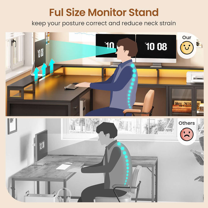SEDETA 109 Inch L Shaped Gaming Desk with 4 Drawers Display Cabinet Computer Desks with 2 Monitor Stands CPU Stand LED Lights and Power Outlet