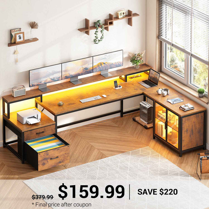SEDETA® 78.7 Inch Computer Desk with Drawers L Shaped Gaming Desk with LED Light Power Outlet Shelves and Display Cabinet