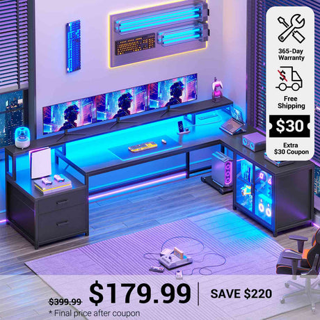 SEDETA 78.7 Inch L Shaped Gaming Desk with LED Light Computer Desk with Drawers Power Outlet Storage Shelves and Display Cabinet