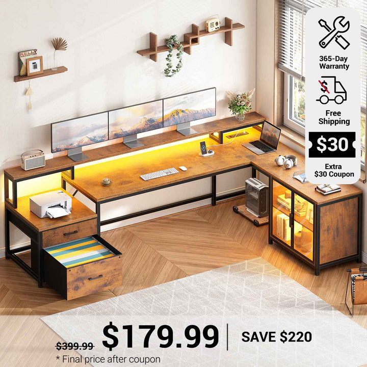 SEDETA 78.7 Inch L Shaped Gaming Desk with LED Light Computer Desk with Drawers Power Outlet Storage Shelves and Display Cabinet