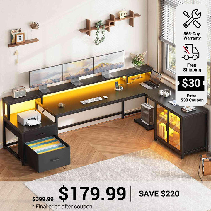 SEDETA 78.7 Inch L Shaped Gaming Desk with LED Light Computer Desk with Drawers Power Outlet Storage Shelves and Display Cabinet