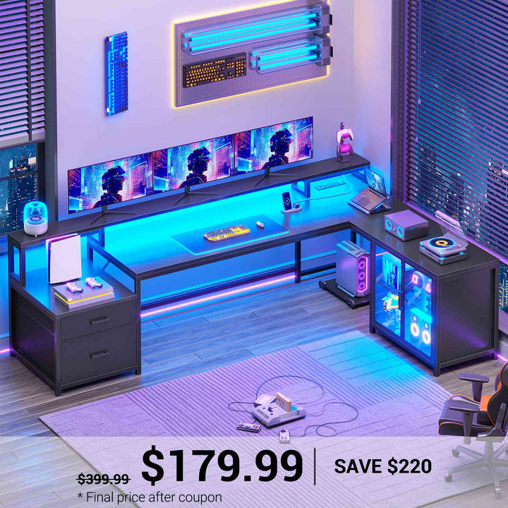 SEDETA 78.7 Inch L Shaped Gaming Desk with LED Light Computer Desk with Drawers Power Outlet Storage Shelves and Display Cabinet