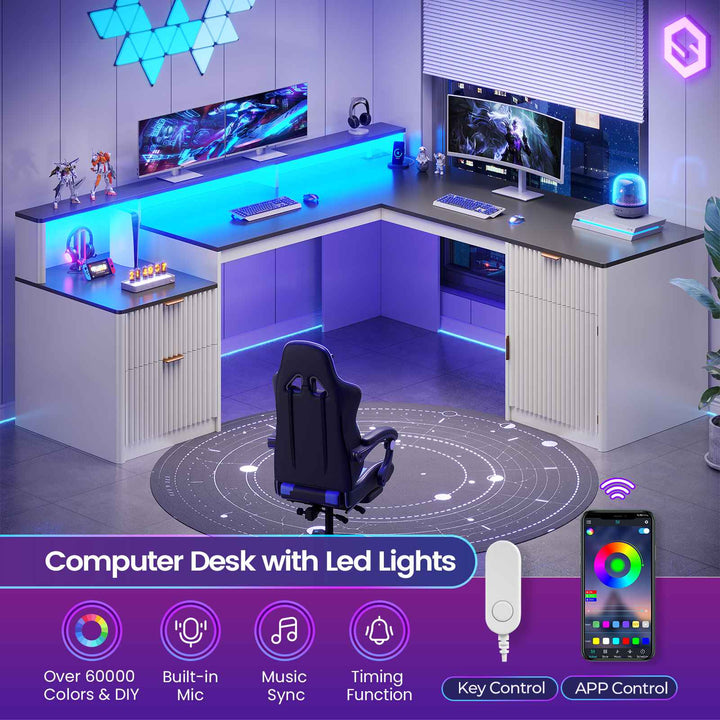SEDETA 66 Inch Modern L Shaped Desk with Drawers Fluted Home Office Desk with File Cabinet and Printer Shelf Wood Executive Desk with Monitor Stand Power Outlets Led Lights