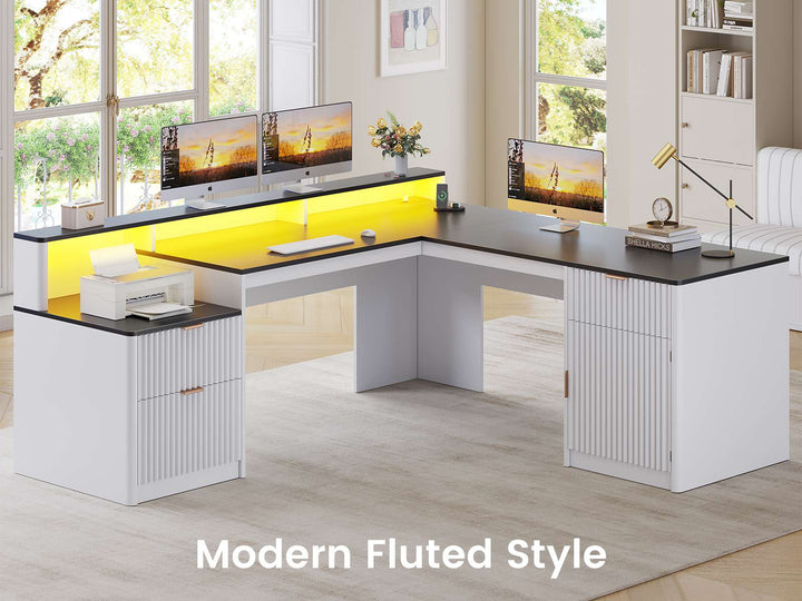 SEDETA 66 Inch Modern L Shaped Desk with Drawers Fluted Home Office Desk with File Cabinet and Printer Shelf Wood Executive Desk with Monitor Stand Power Outlets Led Lights