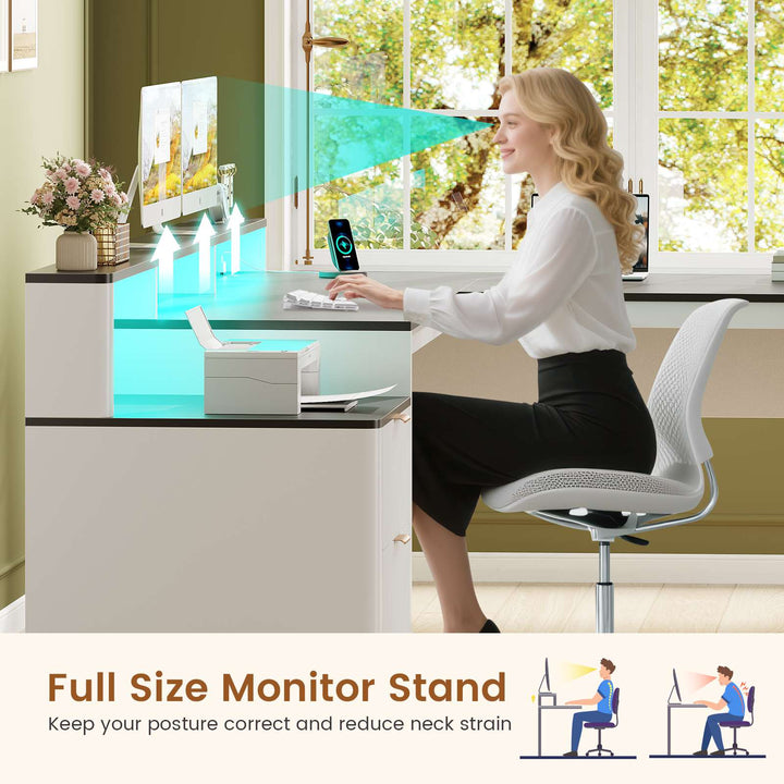 SEDETA 66 Inch Modern L Shaped Desk with Drawers Fluted Home Office Desk with File Cabinet and Printer Shelf Wood Executive Desk with Monitor Stand Power Outlets Led Lights