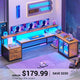 SEDETA 78.7 Inch L Shaped Gaming Desk with LED Light Computer Desk with Drawers Power Outlet Storage Shelves and Display Cabinet