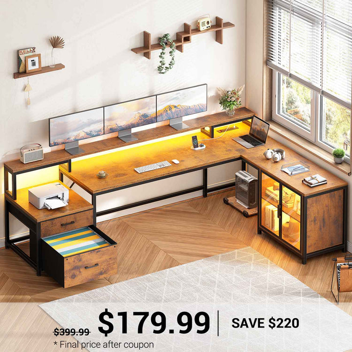 SEDETA 78.7 Inch L Shaped Gaming Desk with LED Light Computer Desk with Drawers Power Outlet Storage Shelves and Display Cabinet