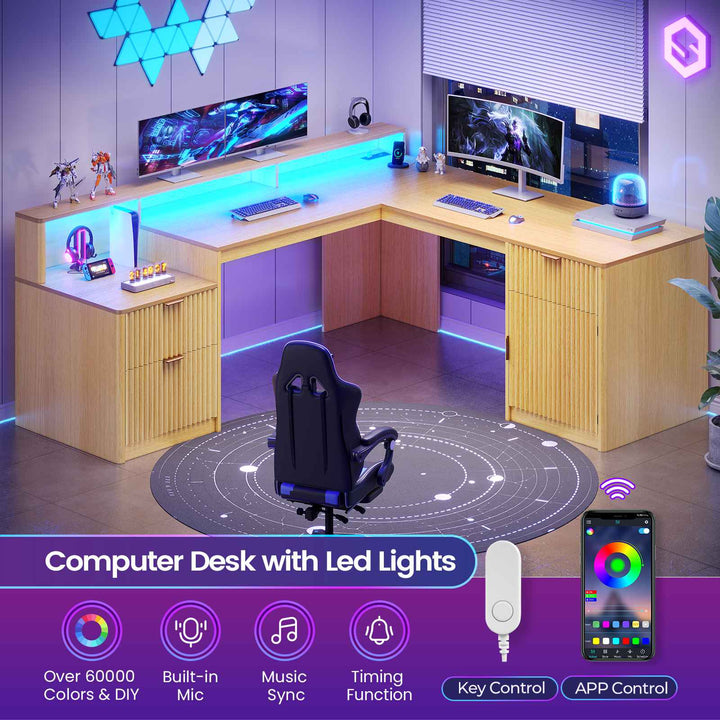 SEDETA 66 Inch Modern L Shaped Desk with Drawers Fluted Home Office Desk with File Cabinet and Printer Shelf Wood Executive Desk with Monitor Stand Power Outlets Led Lights