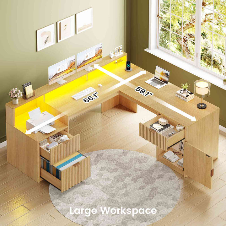 SEDETA 66 Inch Modern L Shaped Desk with Drawers Fluted Home Office Desk with File Cabinet and Printer Shelf Wood Executive Desk with Monitor Stand Power Outlets Led Lights