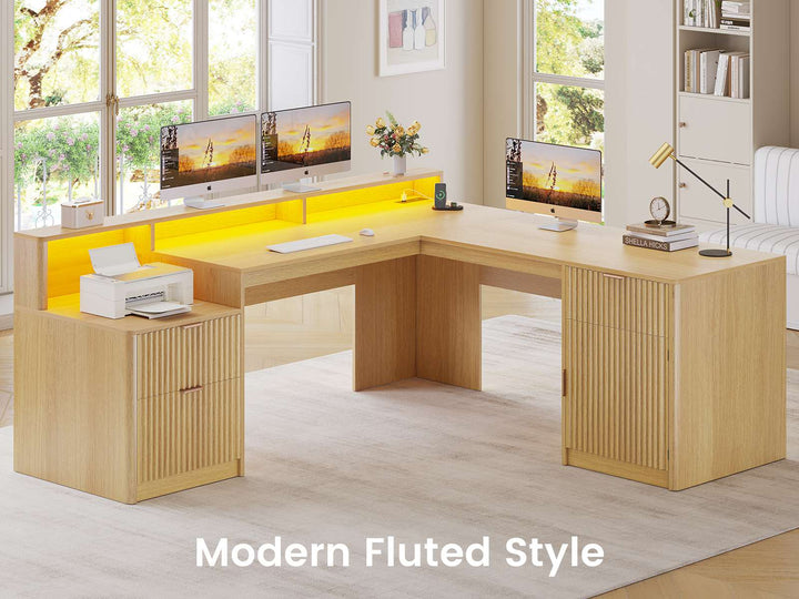 SEDETA 66 Inch Modern L Shaped Desk with Drawers Fluted Home Office Desk with File Cabinet and Printer Shelf Wood Executive Desk with Monitor Stand Power Outlets Led Lights