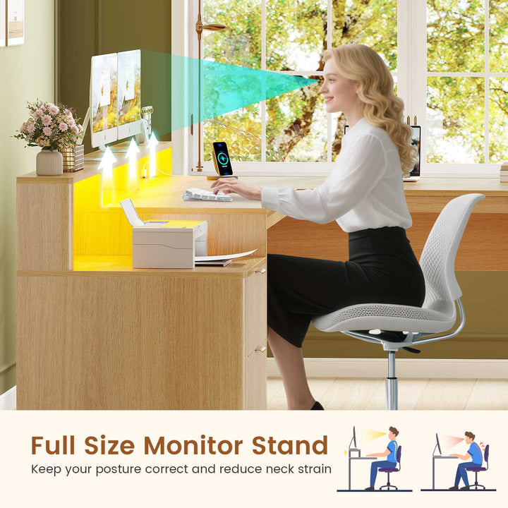 SEDETA 66 Inch Modern L Shaped Desk with Drawers Fluted Home Office Desk with File Cabinet and Printer Shelf Wood Executive Desk with Monitor Stand Power Outlets Led Lights