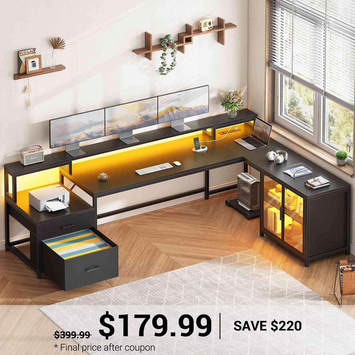 SEDETA 78.7 Inch L Shaped Gaming Desk with LED Light Computer Desk with Drawers Power Outlet Storage Shelves and Display Cabinet