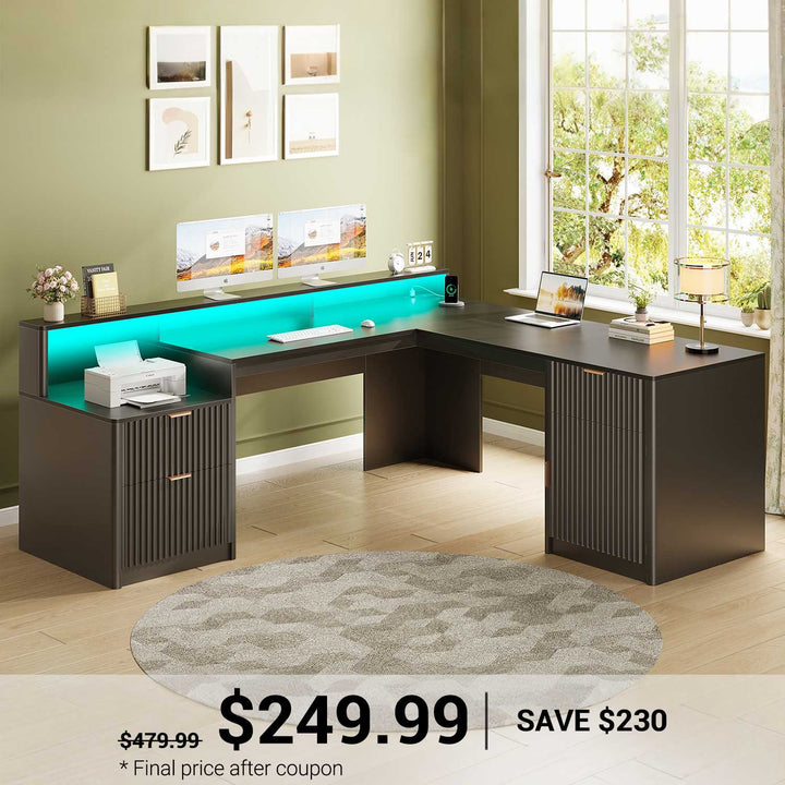 SEDETA 66 Inch Modern L Shaped Desk with Drawers Fluted Home Office Desk with File Cabinet and Printer Shelf Wood Executive Desk with Monitor Stand Power Outlets Led Lights