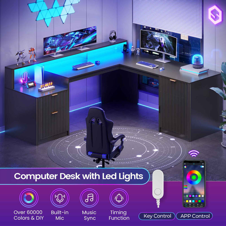 SEDETA 66 Inch Modern L Shaped Desk with Drawers Fluted Home Office Desk with File Cabinet and Printer Shelf Wood Executive Desk with Monitor Stand Power Outlets Led Lights