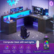 SEDETA 66 Inch Modern L Shaped Desk with Drawers Fluted Home Office Desk with File Cabinet and Printer Shelf Wood Executive Desk with Monitor Stand Power Outlets Led Lights
