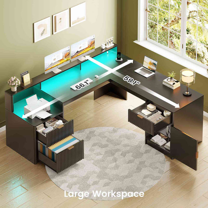 SEDETA 66 Inch Modern L Shaped Desk with Drawers Fluted Home Office Desk with File Cabinet and Printer Shelf Wood Executive Desk with Monitor Stand Power Outlets Led Lights