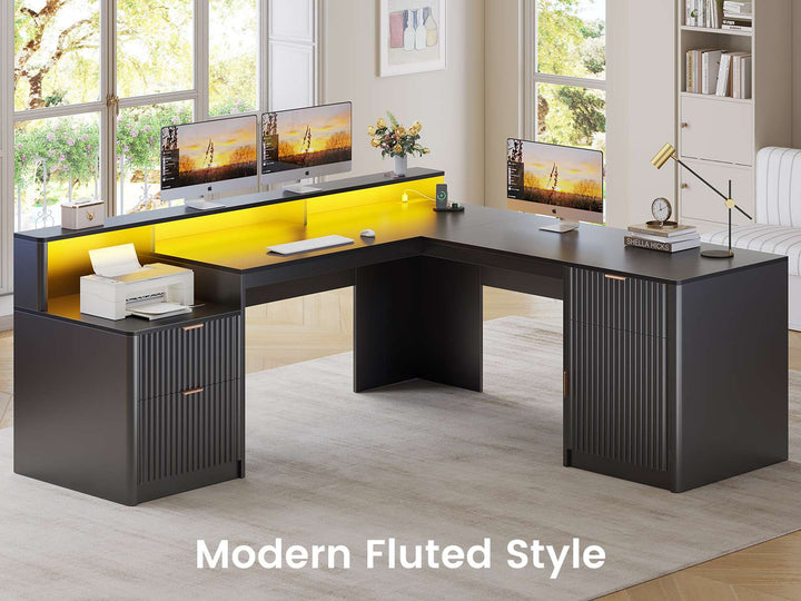 SEDETA 66 Inch Modern L Shaped Desk with Drawers Fluted Home Office Desk with File Cabinet and Printer Shelf Wood Executive Desk with Monitor Stand Power Outlets Led Lights