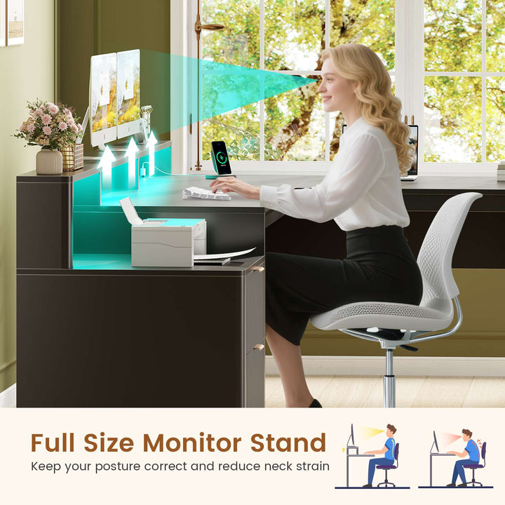 SEDETA 66 Inch Modern L Shaped Desk with Drawers Fluted Home Office Desk with File Cabinet and Printer Shelf Wood Executive Desk with Monitor Stand Power Outlets Led Lights